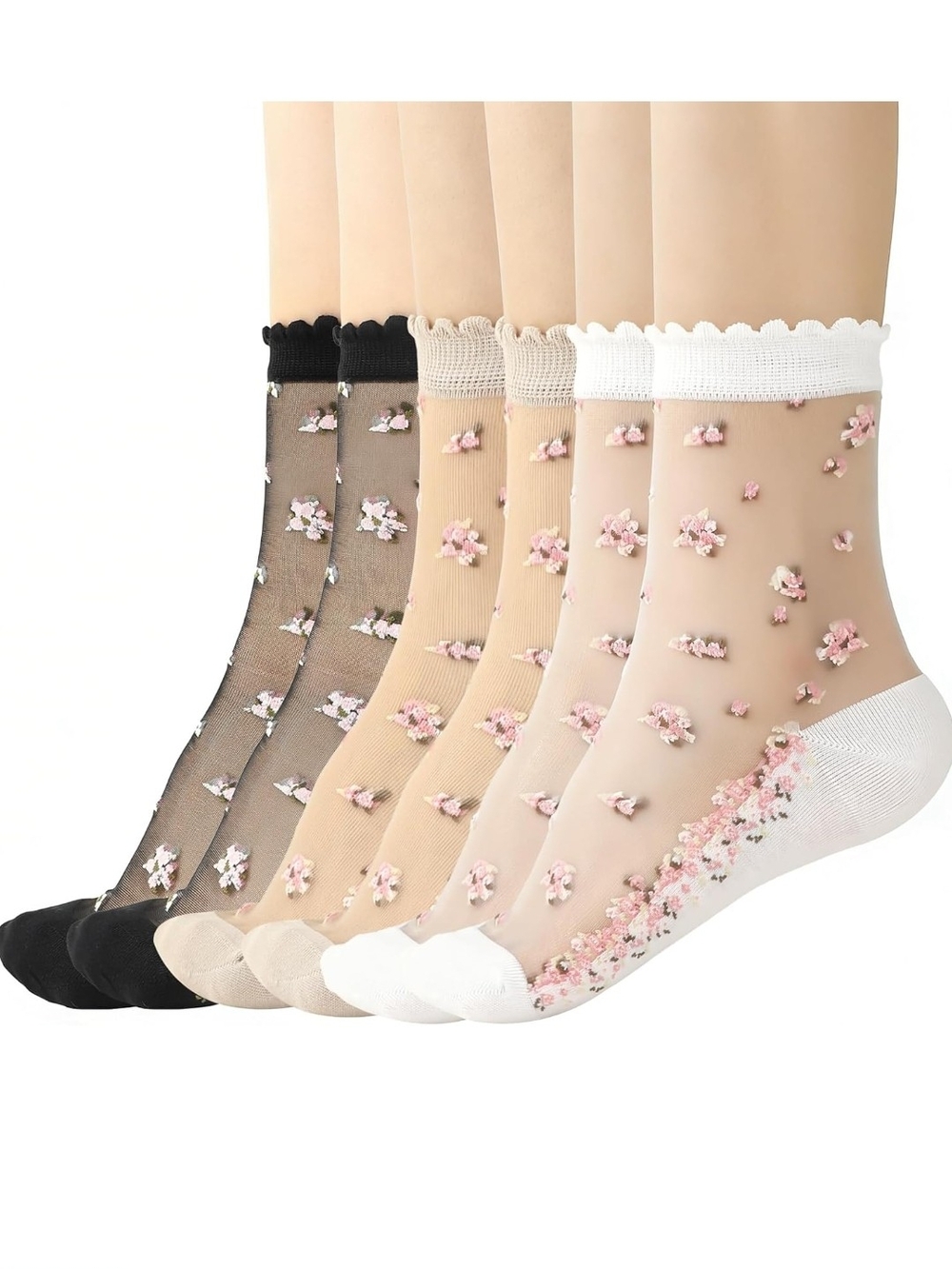 Floral Ankle Socks Set Pink & Black